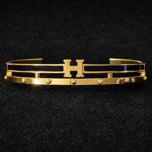 Gold Tone Initial H Bangle Bracelet – Hinged Cuff Monogram Letter H Bracelet